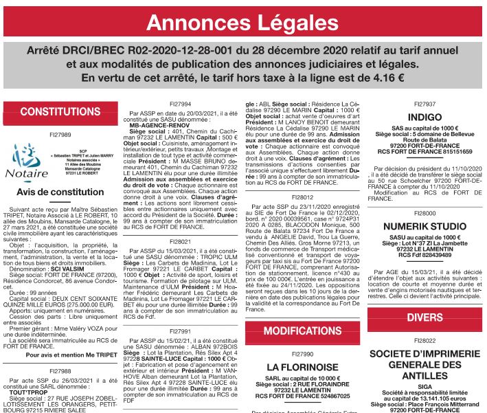 Nos annonces légales en Martinique